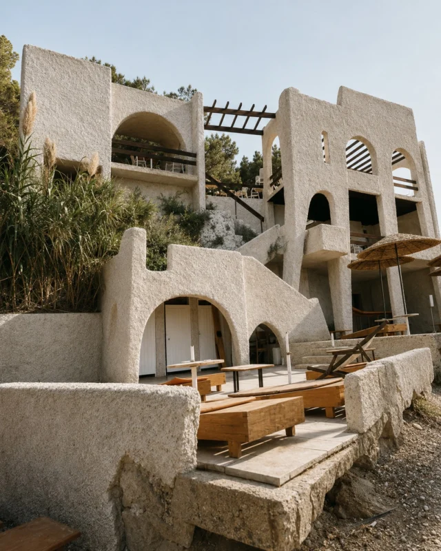 TR | 1974 yılındayız. Akdeniz modernizminin ve organik mimarinin Kuşadası sahillerindeki özgün örneklerinden biri olan İmbat Oteli’nin ikonik kafe, bar ve diskoteği, Nafi Çil’in mimari projesi olarak gerçekleşiyor.Mimari Arşiv’den paylaştığımız bu görsellerde, yapının kumsalla üst kotları yumuşak geçişlerle buluşturan topografik kurgusu dikkat çekiyor. Ağaçların arasına yerleşen parçalı kütleler, teraslar ve açık merdivenler yapıyı arazinin doğal eğiminin bir devamına dönüştürüyor.Dokulu cephe yüzeyi ve kemerlerle kurulan geçirgenlik ise iç ile dış, mimari ile doğa arasındaki sınırları yumuşatıyor; yapı, güçlü mimari karakterine rağmen bulunduğu yere öteden beri aitmiş hissini koruyor.
 
EN | It is 1974. One of the distinctive expressions of Mediterranean Modernism and Organic Architecture on the shores of Kuşadası, the iconic café, bar and discotheque of the İmbat Hotel was realized as an architectural project by Nafi Çil.In these images from the Architectural Archive, the building’s topographic conception is particularly striking, gently connecting the beach with the upper levels of the site. Fragmented volumes nestled among the trees, together with terraces and open stairways, transform the architecture into an extension of the natural slope.The textured façade surfaces and the permeability created by the arches further soften the boundaries between inside and outside, architecture and nature. Despite its strong architectural character, the building retains the sense of having always belonged to its setting.#naficil #contemporaryart #architecture #imbathotel #organicarchitecture