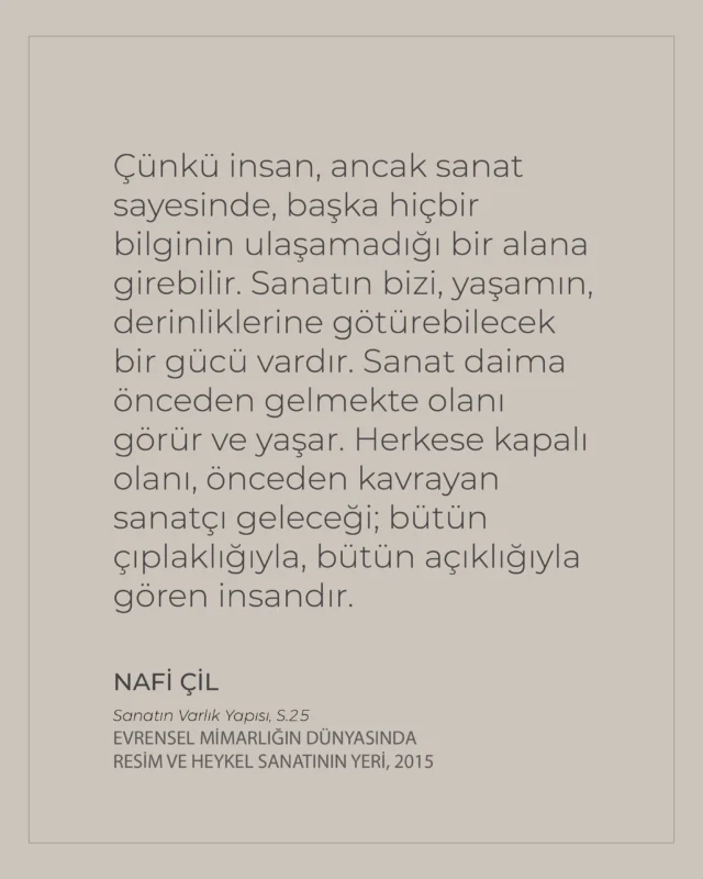 TR | Nafi Çil’in yaklaşımında mimarlık ve sanat, aynı yaratıcı düşüncenin farklı ifade biçimleridir. Mekân çizgiye, çizgi renge, renk biçime dönüşürken; mimari bakış tuvalde yeni bir anlatım alanı bulur. Yaratmak, görünenin ötesine geçmenin ve insanın çevresiyle kurduğu ilişkiyi yeniden anlamlandırmanın bir yoluna dönüşür.“Çünkü insan ancak sanat sayesinde başka hiçbir bilginin ulaşamadığı bir alana girebilir.”EN | In Nafi Çil’s approach, architecture and art are different expressions of the same creative thought. Space becomes line, line becomes color, and color becomes form, allowing an architectural vision to find a new language on canvas. Creation becomes a way of moving beyond the visible and reinterpreting our relationship with the world around us.“Because only through art can we enter a realm beyond the reach of any other form of knowledge.”#naficil #ArchitectureAndArt #ArtAndSpace #TurkishArchitecture #contemporaryart